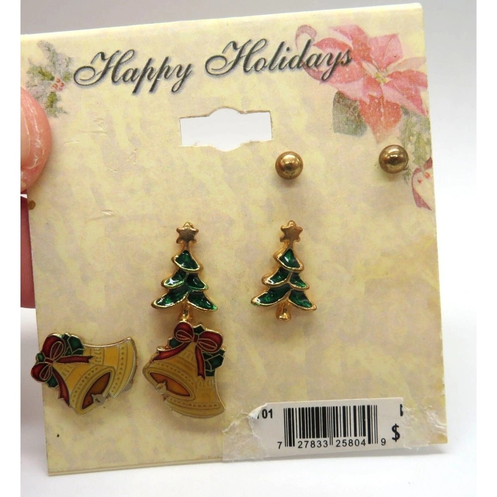 Christmas Holiday Stud Earrings Set Gold Tone Enamel Tree‎ Bell Ball 3 Pairs New